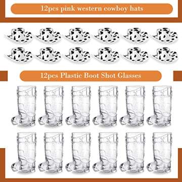 Sawysine 24 Pcs Mini Cowboy Boot Shot Glass Cups Western Cowgirl Hat and Plastic Cowboy Boot Glasses Set Miniature Hat Funny Toys for Cowgirl Theme Party Supplies(Cow Print)