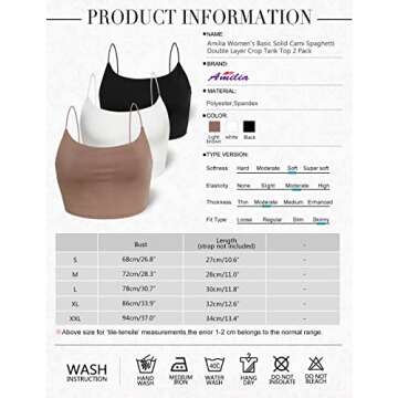 Amilia Women's Basic Solid Cami Spaghetti Double Layer Crop Tank Top (Black&White&Light Brown, L)