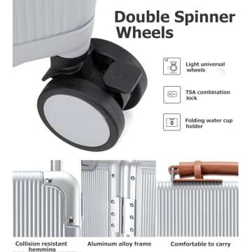 feilario 20'' Aluminum Frame Wide Handle PC Hardside Carry On Luggage - Double Spinner Wheels Luxury Rolling Travel Suitcase with TSA Lock & Cup Holder