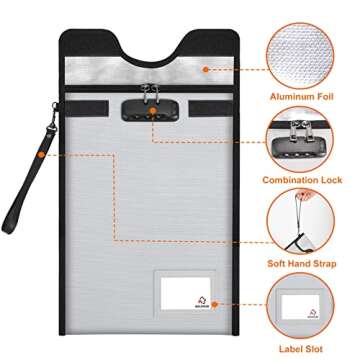 Fireproof Document Bag with Lock (5200℉), 15”x 11”Fireproof Money Bag, Waterproof Zipper Pouch for A4 A5 Legal Letter Size Document, Tablet, Valuables, Jewelry, Cash and Passport