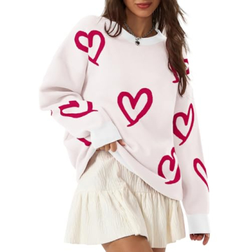 Saodimallsu Womens Oversized Heart Sweater Crew Neck Long Sleeve Knit Cute Valentines Pullover Sweat...