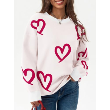 Saodimallsu Womens Oversized Heart Sweater Crew Neck Long Sleeve Knit Cute Valentines Pullover Sweaters White Red