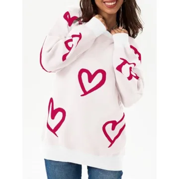 Saodimallsu Womens Oversized Heart Sweater Crew Neck Long Sleeve Knit Cute Valentines Pullover Sweaters White Red