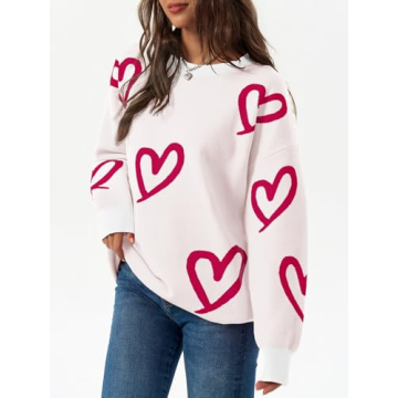 Saodimallsu Womens Oversized Heart Sweater Crew Neck Long Sleeve Knit Cute Valentines Pullover Sweaters White Red