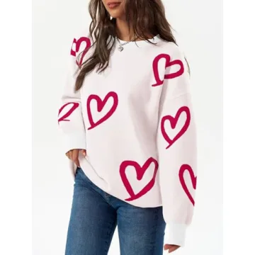 Saodimallsu Womens Oversized Heart Sweater Crew Neck Long Sleeve Knit Cute Valentines Pullover Sweaters White Red