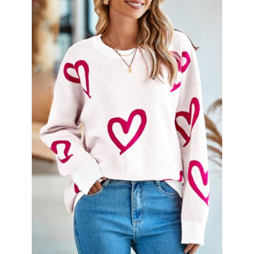 Saodimallsu Womens Oversized Heart Sweater Crew Neck Long Sleeve Knit Cute Valentines Pullover Sweaters White Red
