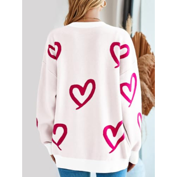 Saodimallsu Womens Oversized Heart Sweater Crew Neck Long Sleeve Knit Cute Valentines Pullover Sweaters White Red