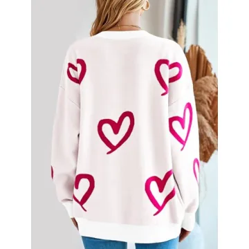 Saodimallsu Womens Oversized Heart Sweater Crew Neck Long Sleeve Knit Cute Valentines Pullover Sweaters White Red