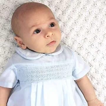 Petit Ami Baby Boys' Romper with Smocking and Faggoting, 6 Months, White