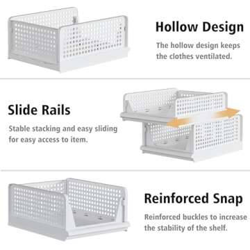Proarea Stackable Plastic Storage Basket Closet Organizer Bin Foldable Clothes Organizer Storage Drawer Shelf Container for Living Room Bathroom Kitchen Office
