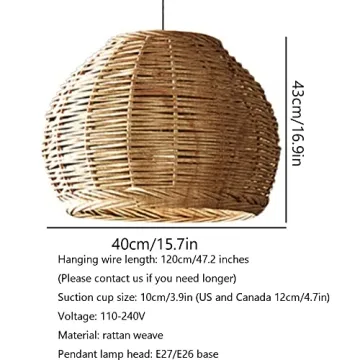 ECOJEN Hand-Woven Rattan Pendant Light，Rustic Basket Farmhouse Boho Coastal Hanging Lamp Fixture, Single Head Drum Shape Droplight，for Dining Room Kitchen Island Hallway Cafe Bar