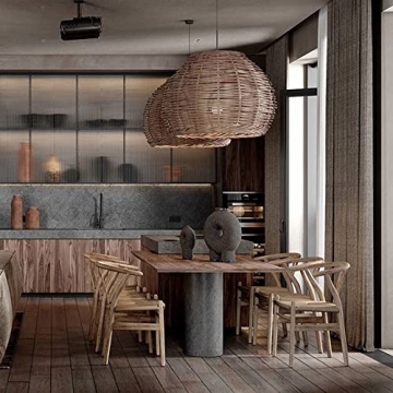 ECOJEN Hand-Woven Rattan Pendant Light，Rustic Basket Farmhouse Boho Coastal Hanging Lamp Fixture, Single Head Drum Shape Droplight，for Dining Room Kitchen Island Hallway Cafe Bar