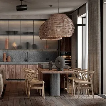 ECOJEN Hand-Woven Rattan Pendant Light，Rustic Basket Farmhouse Boho Coastal Hanging Lamp Fixture, Single Head Drum Shape Droplight，for Dining Room Kitchen Island Hallway Cafe Bar