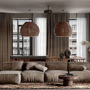 ECOJEN Hand-Woven Rattan Pendant Light，Rustic Basket Farmhouse Boho Coastal Hanging Lamp Fixture, Single Head Drum Shape Droplight，for Dining Room Kitchen Island Hallway Cafe Bar