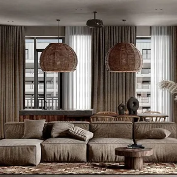 ECOJEN Hand-Woven Rattan Pendant Light，Rustic Basket Farmhouse Boho Coastal Hanging Lamp Fixture, Single Head Drum Shape Droplight，for Dining Room Kitchen Island Hallway Cafe Bar