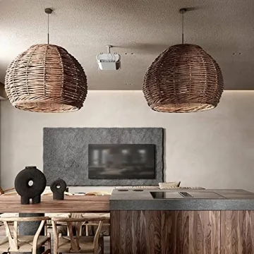 ECOJEN Hand-Woven Rattan Pendant Light，Rustic Basket Farmhouse Boho Coastal Hanging Lamp Fixture, Single Head Drum Shape Droplight，for Dining Room Kitchen Island Hallway Cafe Bar