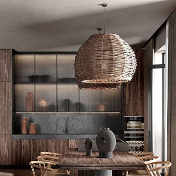 ECOJEN Hand-Woven Rattan Pendant Light，Rustic Basket Farmhouse Boho Coastal Hanging Lamp Fixture, Single Head Drum Shape Droplight，for Dining Room Kitchen Island Hallway Cafe Bar