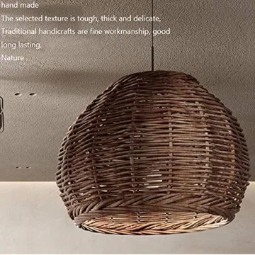 ECOJEN Hand-Woven Rattan Pendant Light，Rustic Basket Farmhouse Boho Coastal Hanging Lamp Fixture, Single Head Drum Shape Droplight，for Dining Room Kitchen Island Hallway Cafe Bar