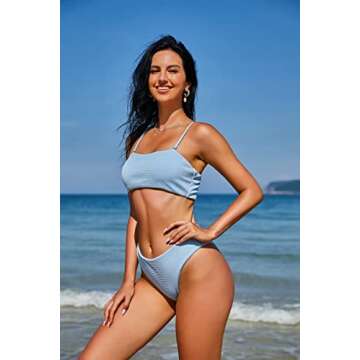 ZAFUL Women Textured Bikini with Removable Straps, High Waisted Bandeau Swimsuit Two Piece Bathing Suits (3-Light Blue, S)