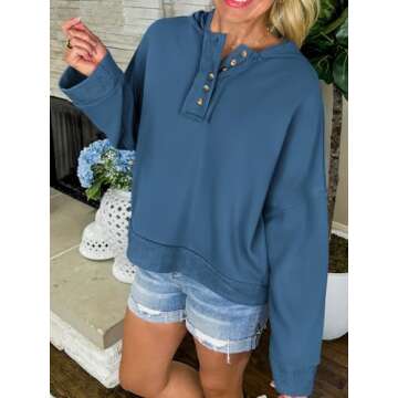 PRETTYGARDEN Womens Cropped Sweatshirt Hoodies Long Sleeve V Neck Button Hooded Pullover Tops 2024 F...