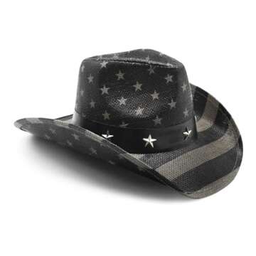 FLUFFY SENSE. Vintage USA American Flag Cowboy Hat Classic Tea Stained Patriotic Western Cowboy Cowgirl Hat with Shapable Brim, Vintage Black and White