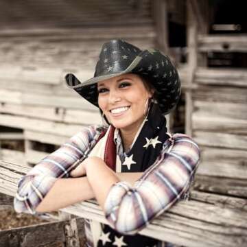 FLUFFY SENSE. Vintage USA American Flag Cowboy Hat Classic Tea Stained Patriotic Western Cowboy Cowgirl Hat with Shapable Brim, Vintage Black and White