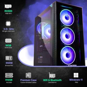 NOVATECH Phantom - Prebuilt Gaming PC Desktop Computer - RX580 8GB - Intel Xeon i7 3.5GHz - 16GB RAM - 512GB M.2 SSD WiFi/BT, Win 11 Pro - Gaming Computer Tower - Pre Built PC Gaming - 1 Year Warranty