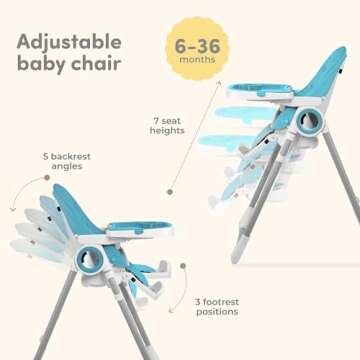 Baby High Chair Adjustable to 7 Different Heights - Foldable High Chairs for Babies and Toddlers - S...