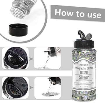 HEMOER 100g Holographic Chunky Glitter, Cosmetic Mixed Hexagon Chunky & Fine Craft Glitter Resin Sequins for Epoxy Glass, Resin Art, Body, Hair, Face, Nail, Slime, Tumblers, Festival Party - Silver