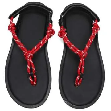 Molozoey RED Rope Flip Flop Sandals for Women Adjustable T Strap Slip on Comfortable Thong Sandals Women Dressy