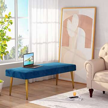 Luxurious Velvet Ottoman with Gold Legs in Dark Blue