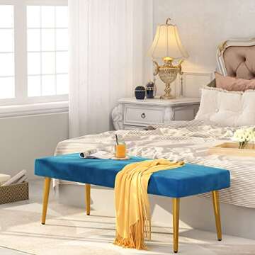 Luxurious Velvet Ottoman with Gold Legs in Dark Blue