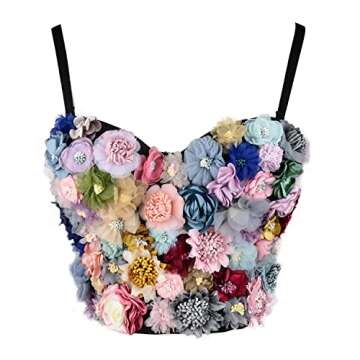 ELLACCI Women's 3D Floral Bustier Crop Top Wedding Party Club Bra Tops Large Black