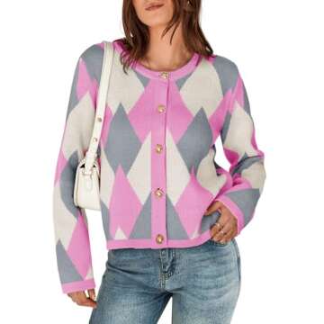 Saodimallsu Womens Color Block Cardigan Button Down Crewneck 2024 Fall Trendy Open Front Long Sleeve Sweater Jacket Pink