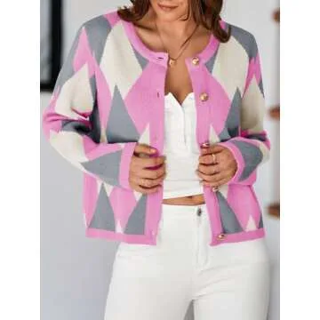 Saodimallsu Womens Color Block Cardigan Button Down Crewneck 2024 Fall Trendy Open Front Long Sleeve Sweater Jacket Pink