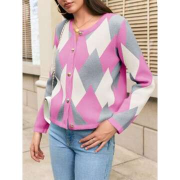 Saodimallsu Womens Color Block Cardigan Button Down Crewneck 2024 Fall Trendy Open Front Long Sleeve Sweater Jacket Pink