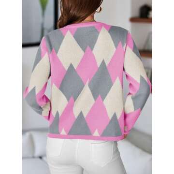 Saodimallsu Womens Color Block Cardigan Button Down Crewneck 2024 Fall Trendy Open Front Long Sleeve Sweater Jacket Pink