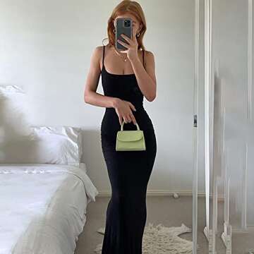 Lounge Long Slip Dress Women Bodycon Maxi Dress Spaghetti Strap Black Cami Dress Black M