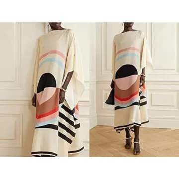 Hiyan Creation Printed Lounge Wear Calf Length Silk Crepe Kaftan, Tunic Dress, Summer Loose Dress, Soft Dress Gift for Her, Caftan, Party Wear Kaftan 5598 White