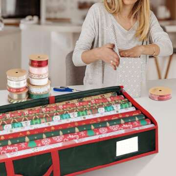 BALEINE SOFT Christmas Wrapping Paper Storage Bag, 40" Durable PE Gift Wrap Storage Bag with Flexible Partitions and Pockets for Ribbon, Accessories (Green)