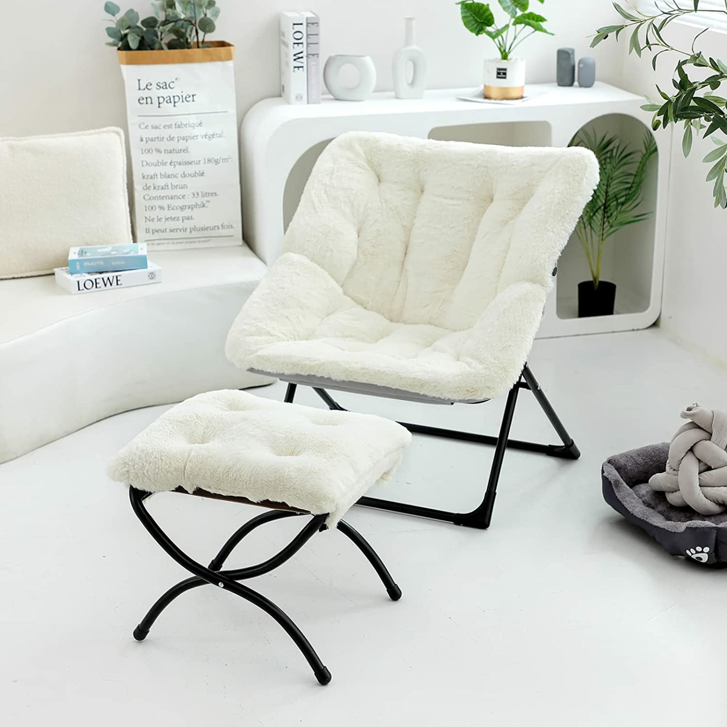 Faux Fur Saucer Chair Set with Ottoman | WELL-STRONG