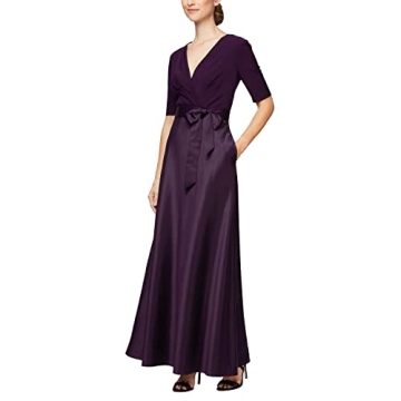 Alex Evenings Women's Satin Ballgown Formal Event Dress with Pockets and Tie Belt (Petite and Regula...