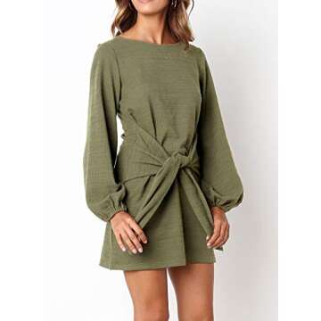R.Vivimos Women's Autumn Winter Cotton Long Sleeves Elegant Knitted Bodycon Tie Waist Sweater Pencil Dress (XL, Army Green)