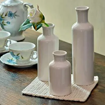 Farmhouse White Vases for Decor Set of 3, Ceramic Vases for Home Decor Accent, Farmhouse Vase Sets for Decor, Rustic Ceramic Vase Set, White Vase Set of 3 Decorative Vases, Home Decor Vases Sets of 3