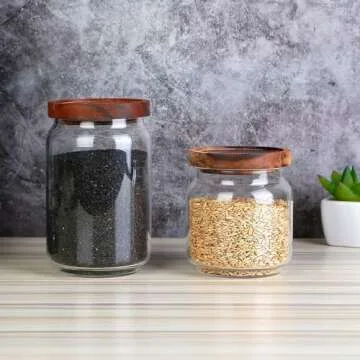 Vensp Clear Borosilicate Glass Storage Jars with Airtight Wooden Lids,Set of 2-19/29oz,Glass Kitchen Storage Jar Canisters, Sealed Jars For Sugar Salt,Glass Loose Tea Storage Holder Container