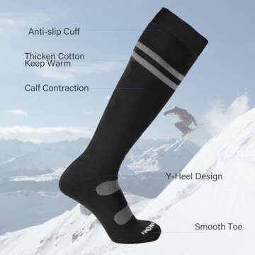 findway Ski Socks, 2/3 Pairs Snowboarding and Skiing Socks, OTC Non-Slip Cuff Winter Thermal Warm Socks for Men & Women (Black & White, M)