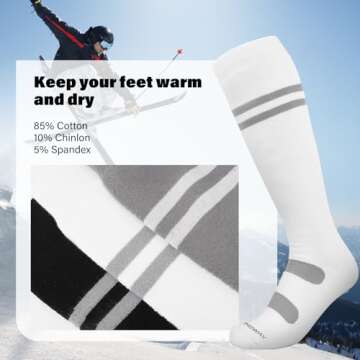 findway Ski Socks, 2/3 Pairs Snowboarding and Skiing Socks, OTC Non-Slip Cuff Winter Thermal Warm Socks for Men & Women (Black & White, M)