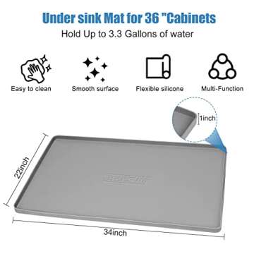 BEESVO Under Sink Mat Kitchen & Bathroom Cabinet Liner, 34" x 22" Silicone Waterproof Under Sink Drip Tray, Hold up to 3.3 Gallons Liquid, Cool Grey