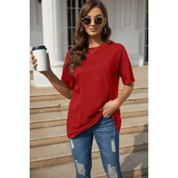 Fisoew Womens Oversized T Shirts Tees Half Sleeve Crew Neck Cotton Tunic Tops
