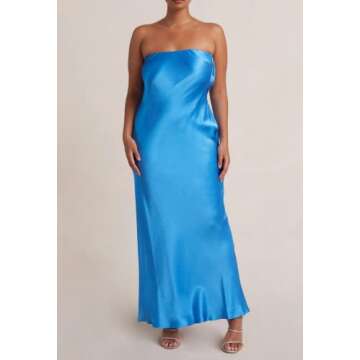 Argeousgor Women Off Shoulder Long Tube Dresses Moon Dance Strapless Dress Sexy Satin Party Dress Elegant Bridesmaid Dress B-Blue